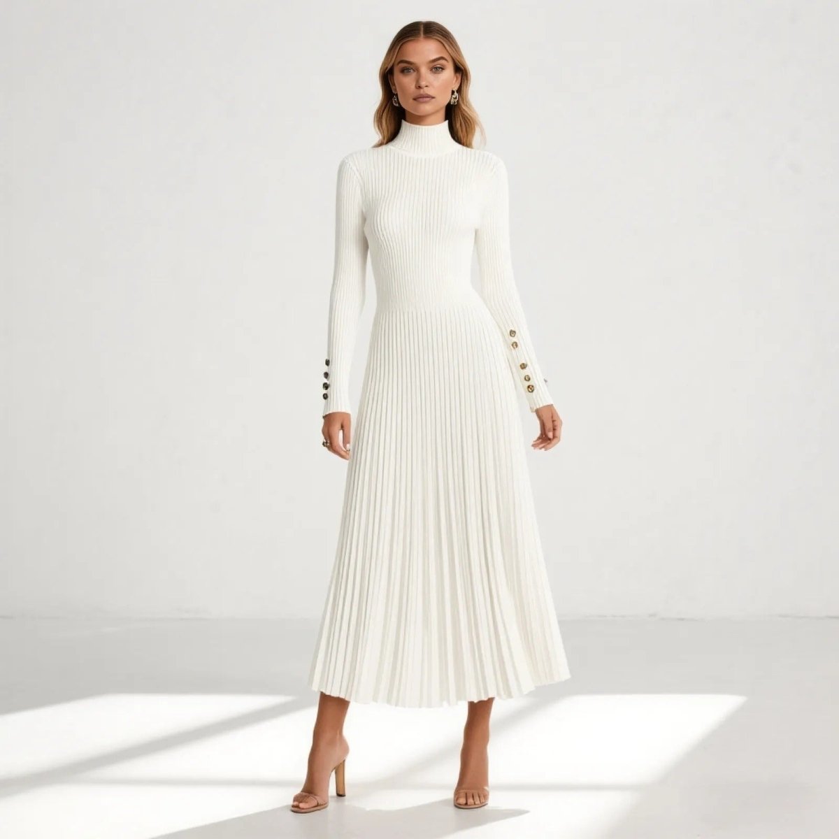 Elegant midi robe with a high collar and pleated skirt, perfect for formal occasions. 9