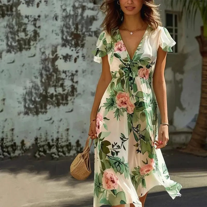 Robe midi élégante avec décolleté en V et jupe trapèze fluide. - 1