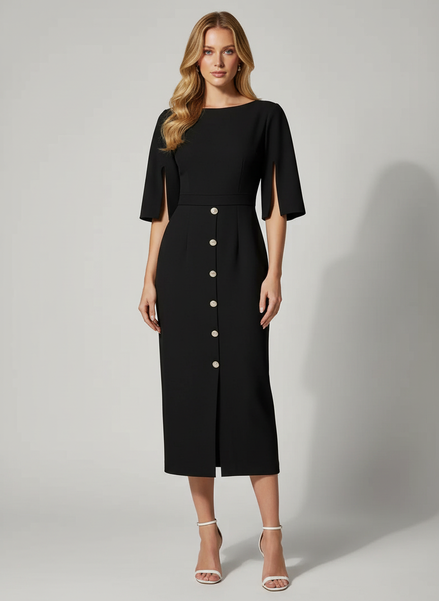Robe midi élégante, col rond, silhouette cintrée. - 2