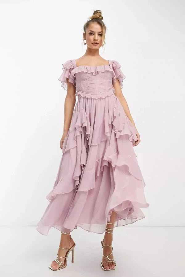Robe midi évasée avec corsage structuré et manches à volants chic. - 1