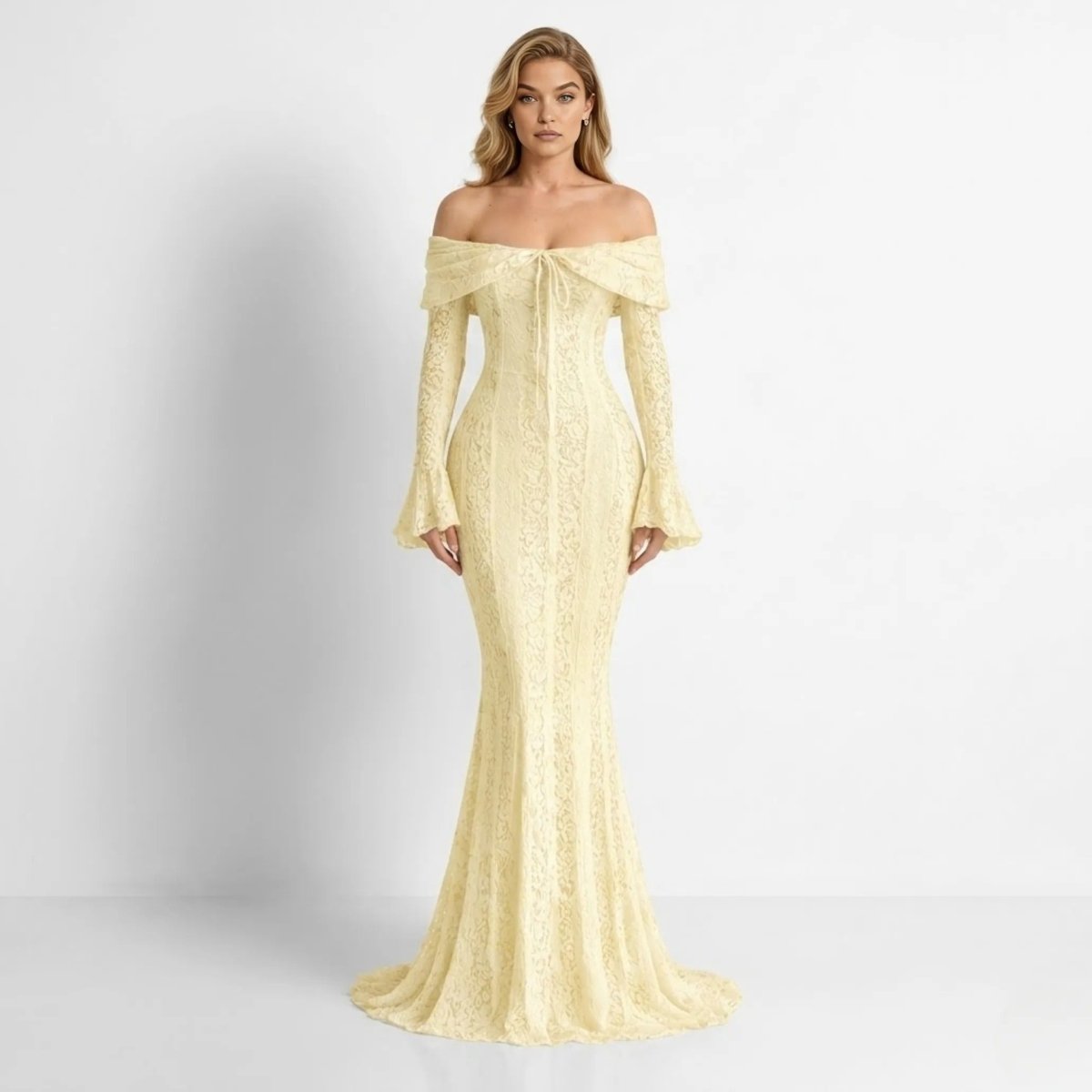 Robe sirène élégante avec encolure à épaules dénudées et manches cloche. 0