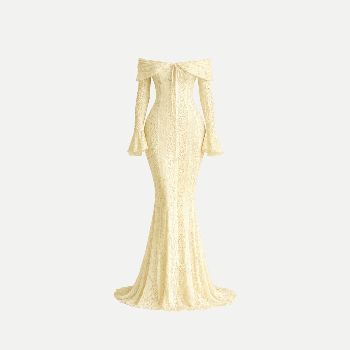 Robe sirène élégante avec encolure à épaules dénudées et manches cloche. 3