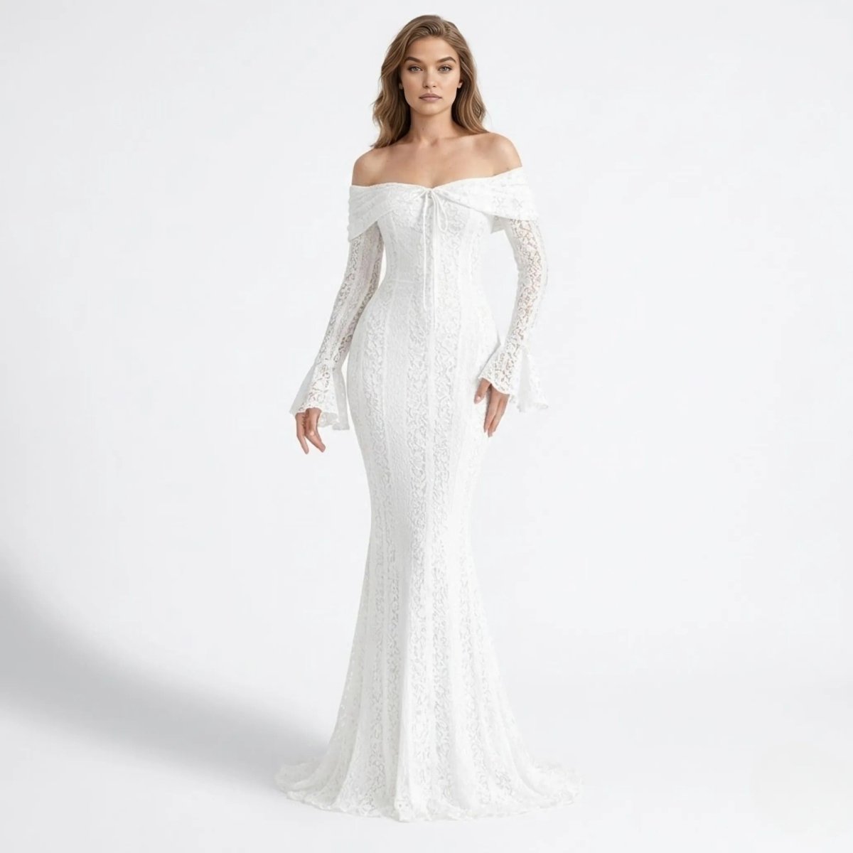 Robe sirène élégante avec encolure à épaules dénudées et manches cloche. 9