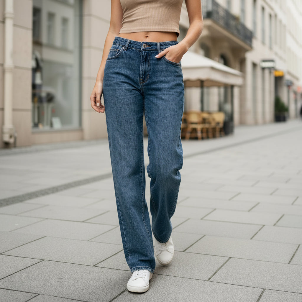 Jean femme taille basse, jambes semi-ampes, style tendance. - 3