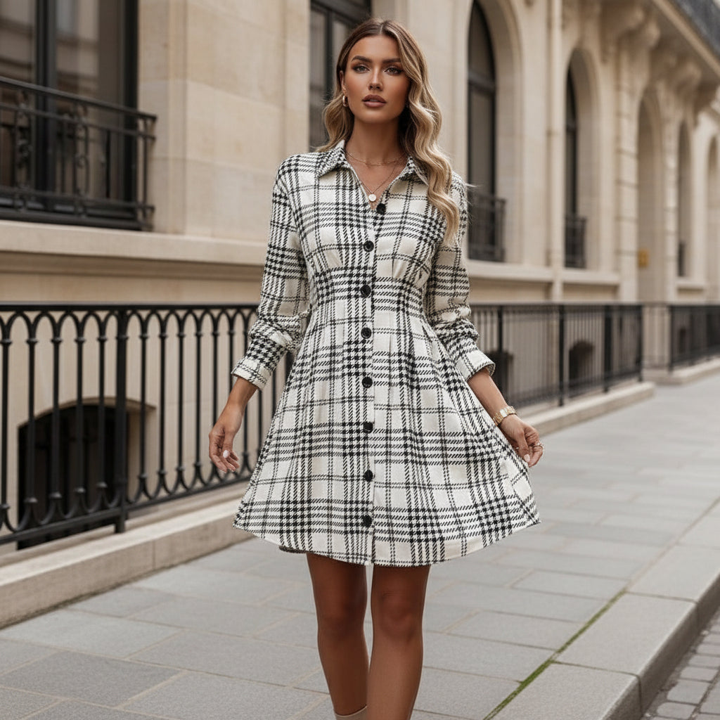 Robe élégante femme, silhouette A-ligne, motif chic et confortable. - 1