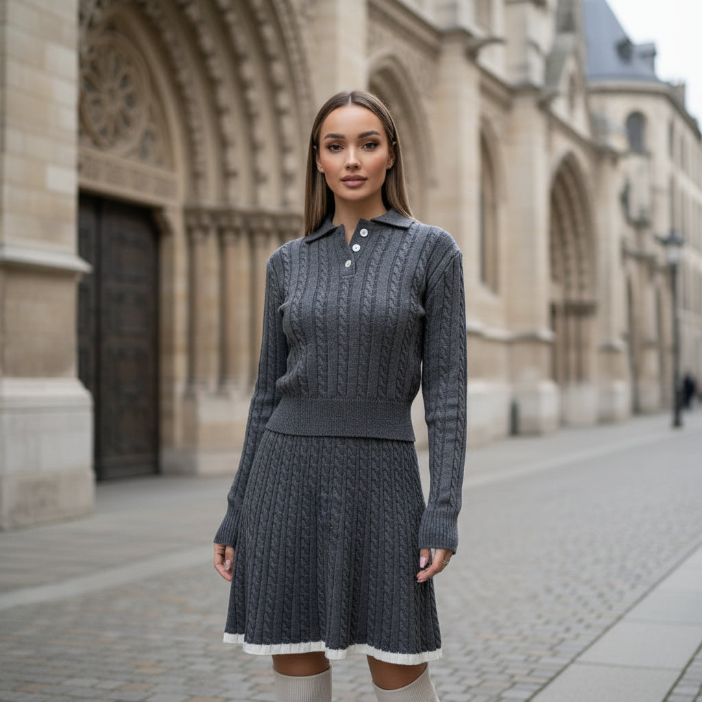 Robe élégante femme, design haut fermé, coupe cintrée, motif tressé. - 2