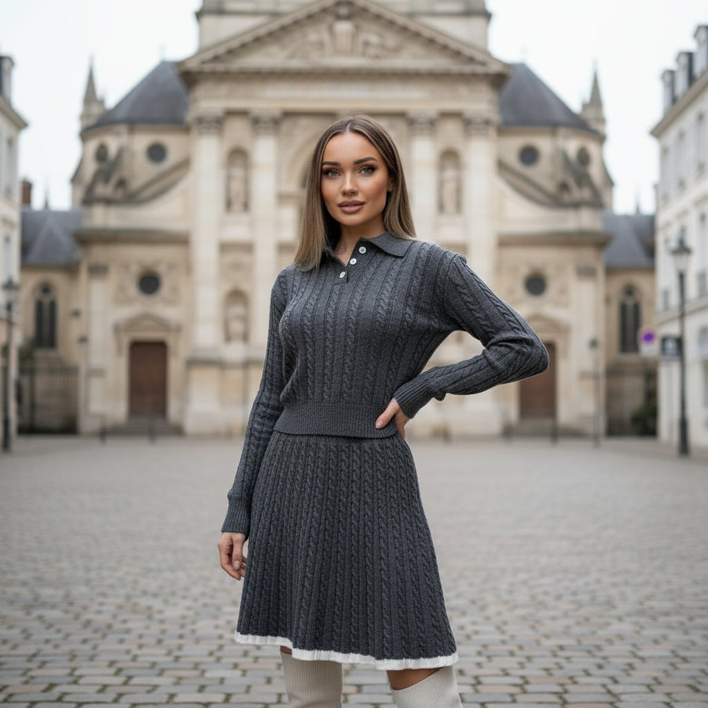 Robe élégante femme, design haut fermé, coupe cintrée, motif tressé. - 3