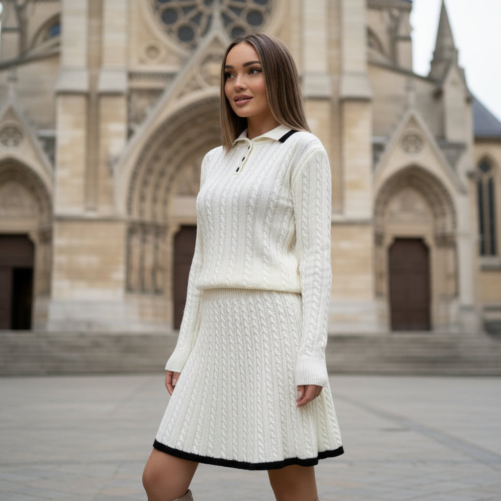 Robe élégante femme, design haut fermé, coupe cintrée, motif tressé. - 4