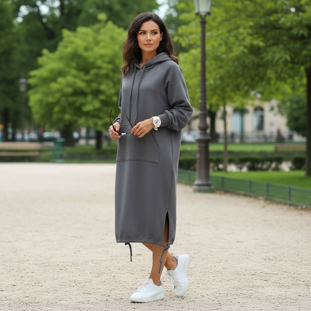 Robe à capuche, silhouette décontractée et élégante. - 5
