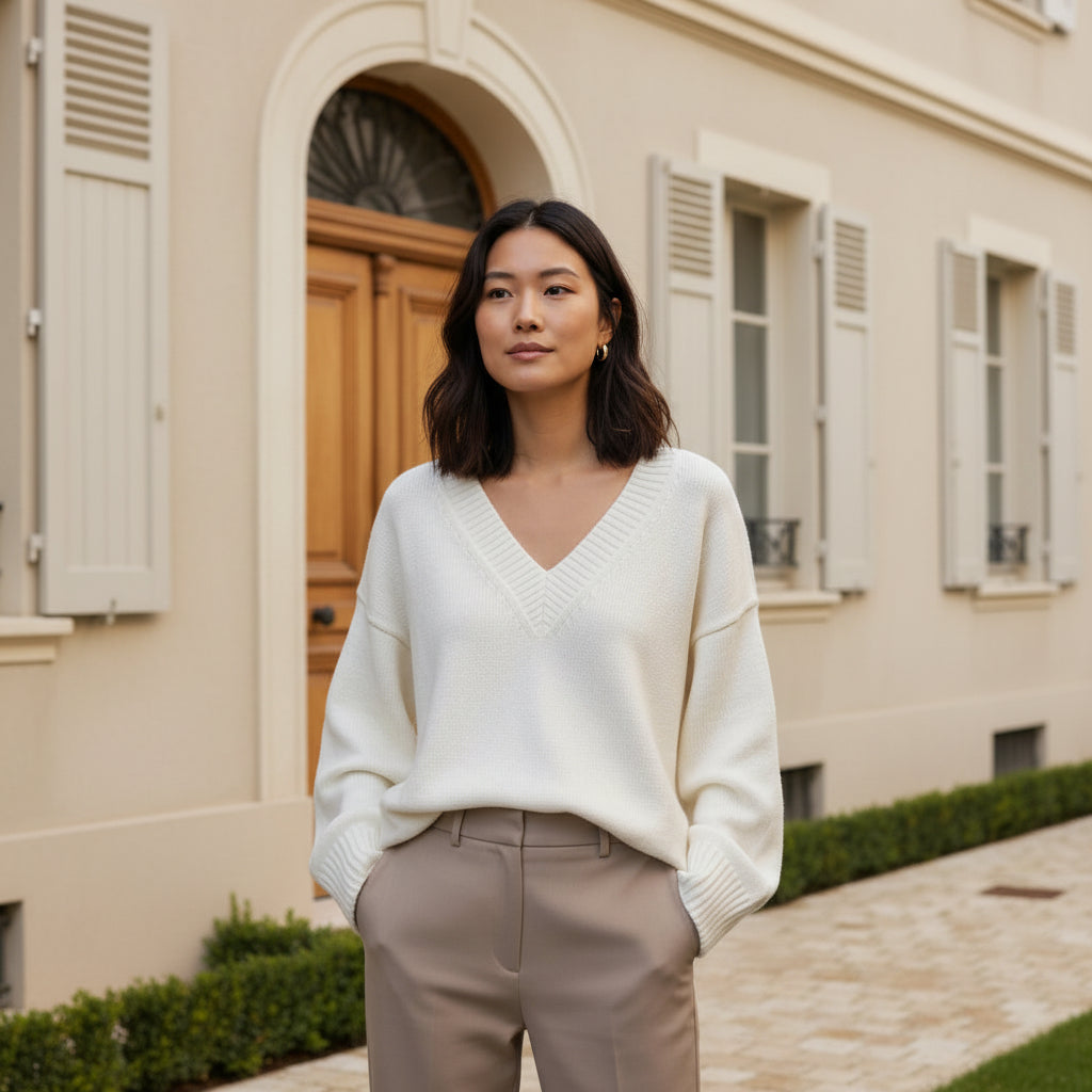 Pull femme décontracté avec col en V, style élégant. - 2