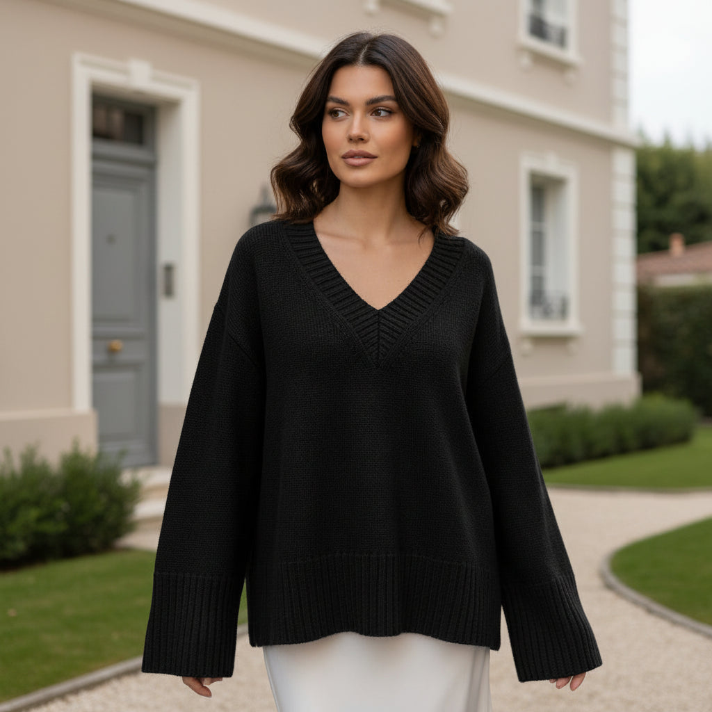Pull femme décontracté avec col en V, style élégant. - 3