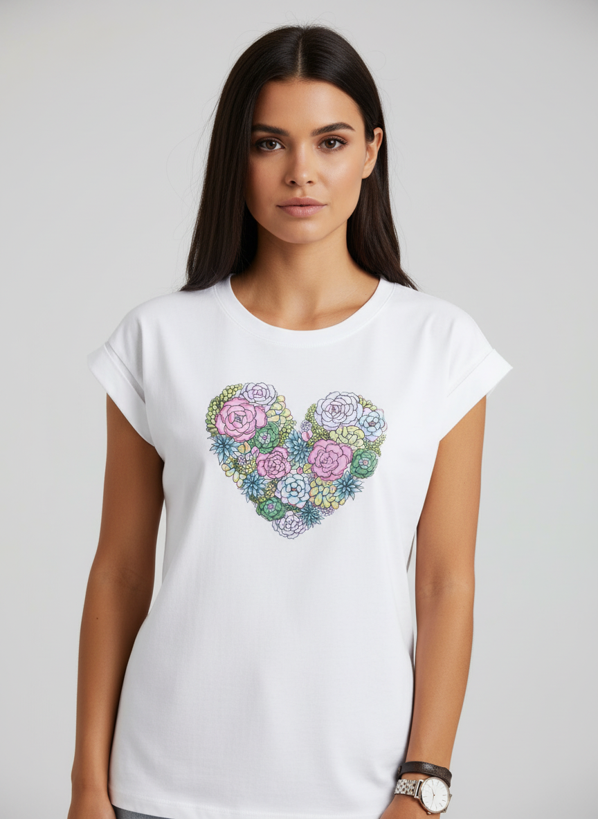 T-shirt femme décontracté avec col rond et imprimé cœur. - 2