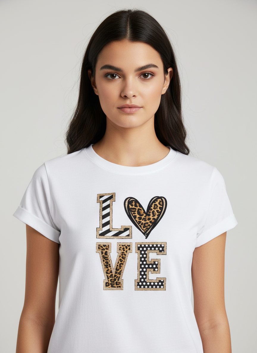 T-shirt femme décontracté avec col rond et imprimé cœur. - 3