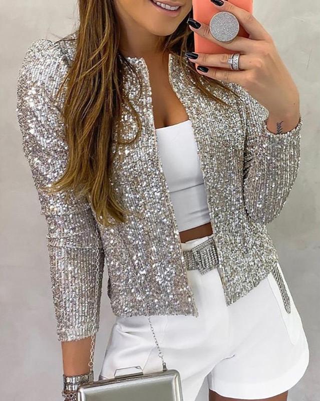Veste femme sans col au design pailleté. - 4